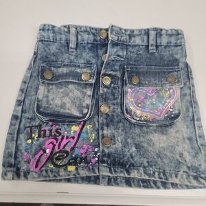 Girls Acid Wash Denim‎ Skirt with Graffiti Heart Rhinestones Size 5